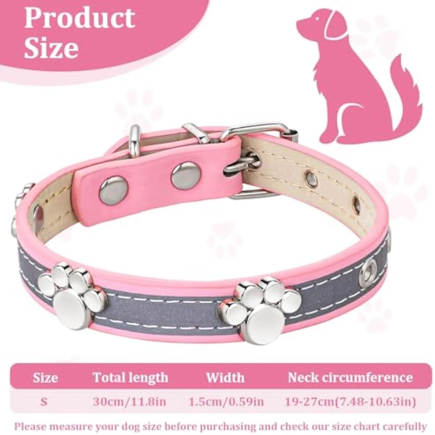 Reflective adjustable dog collar in soft brown PU leather with a metal paw-shaped rivet and buckle.