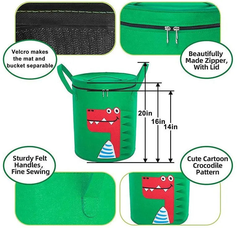 Green felt storage cube with pull rope unfolded as waterproof play mat for children's toys