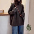 Women's loose turtleneck sweater with thick curling pile collar in polyester mesh fabric