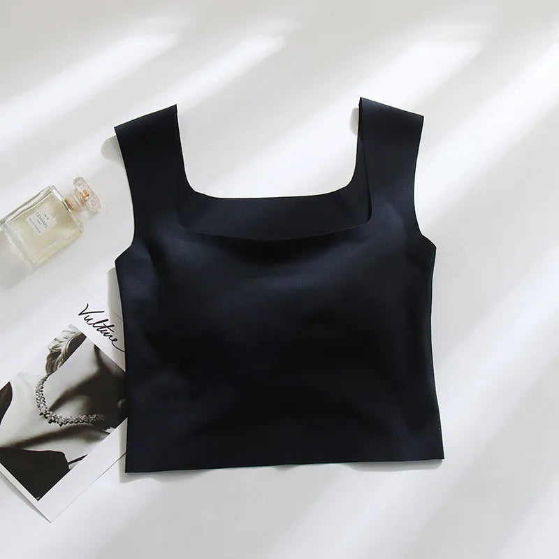 Women's non-marking nylon sling vest with chest pad in light blue, shown from the back.