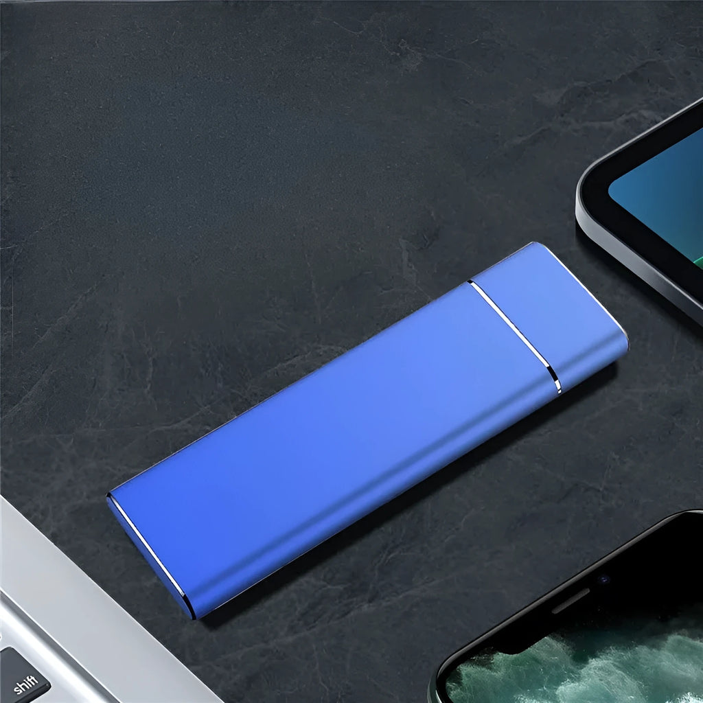 Sapphire blue metal portable solid state external hard drive with USB cable