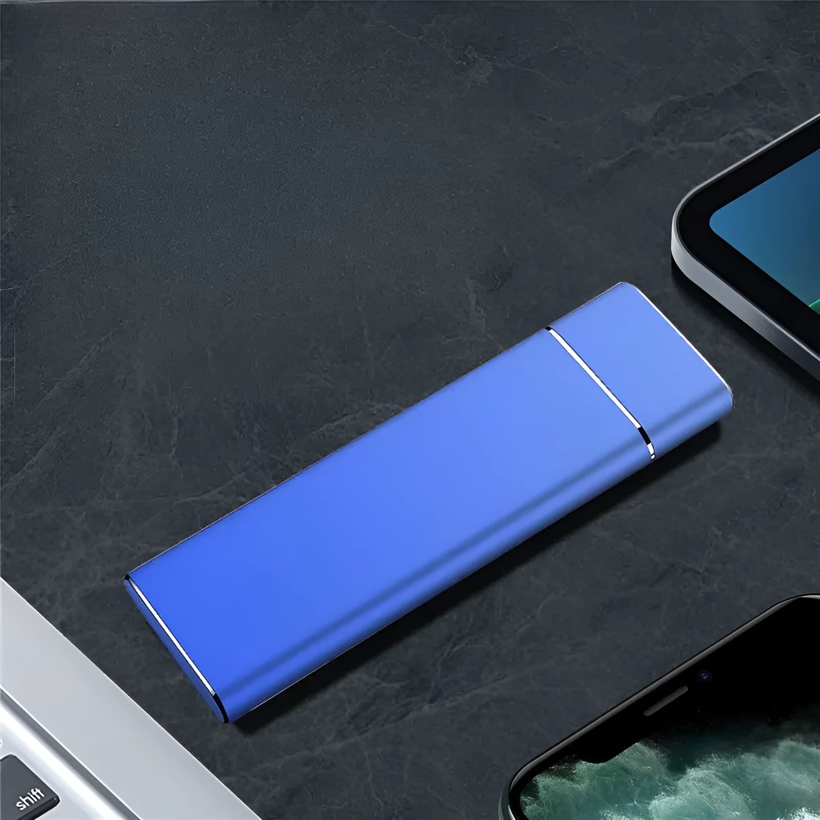 Sapphire blue metal portable solid state external hard drive with USB cable