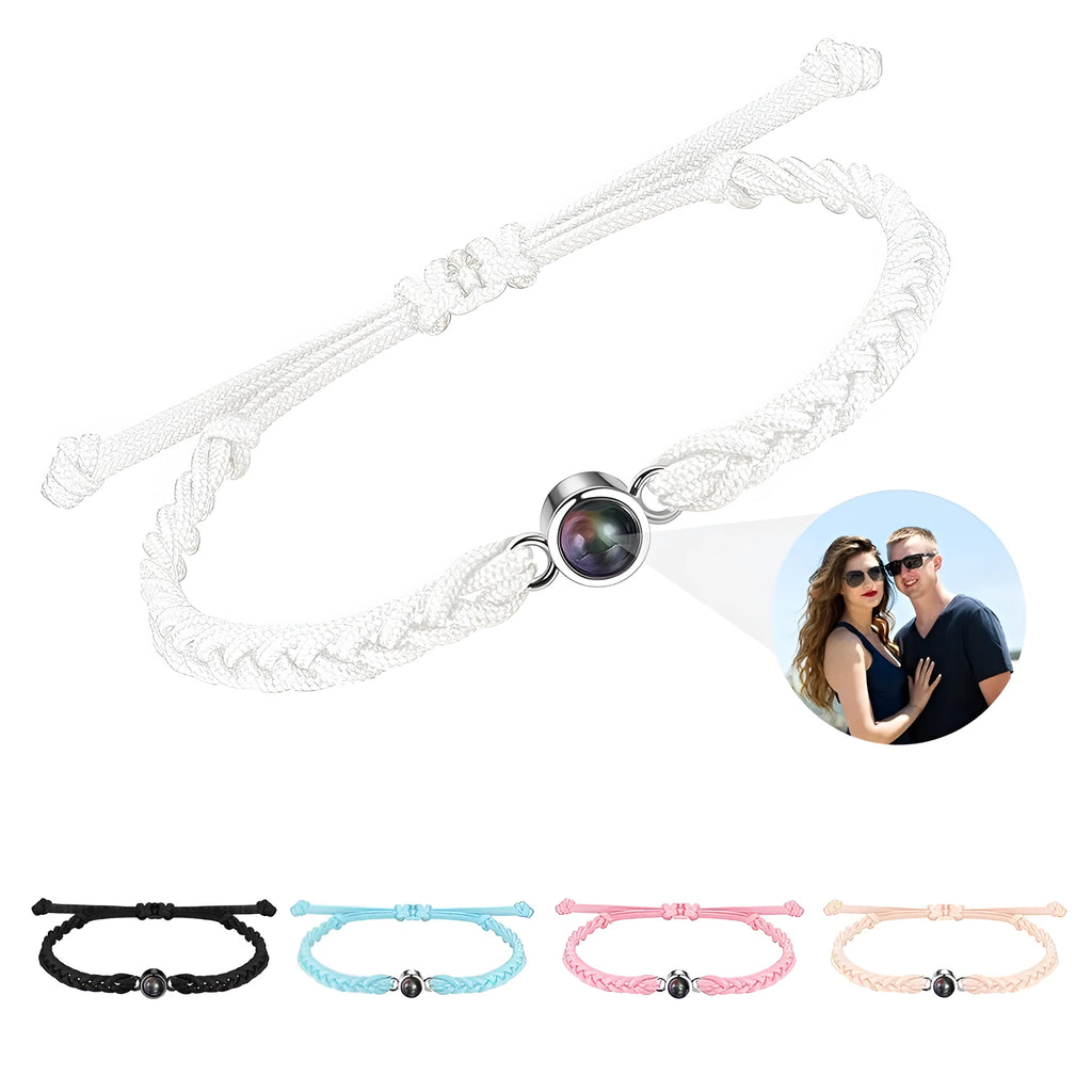 Personalised photo projection bracelet in copper with gold rope, showing unisex geometric shape