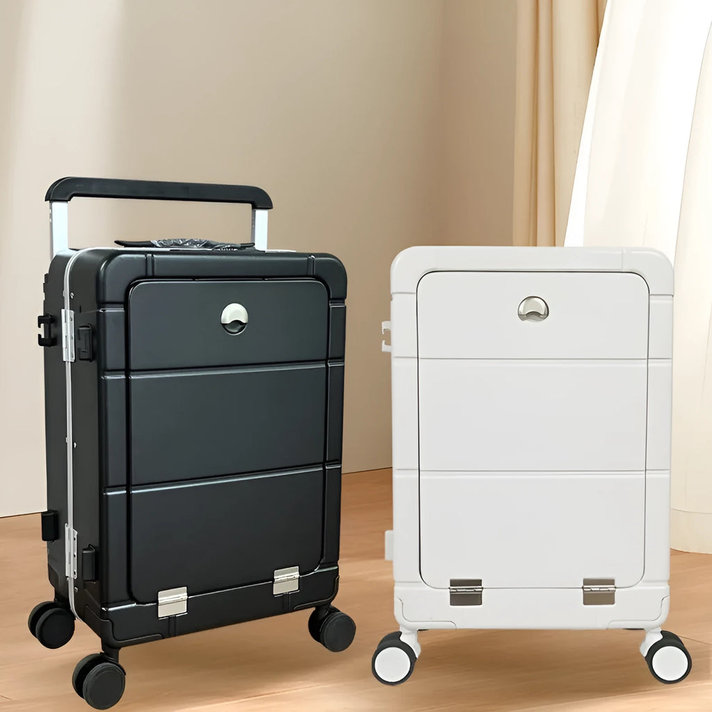 20-inch hard-shell suitcase with front-opening compartment in black, green, silver, or white colours with spinner wheels