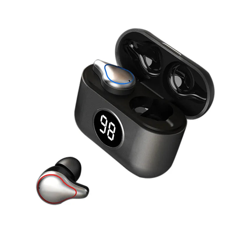 Black and blue Bluetooth wireless earbuds with in-ear earplug design for stereo sound