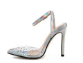 Women's pointed toe diamond sandals with stiletto heels and adjustable ankle strap