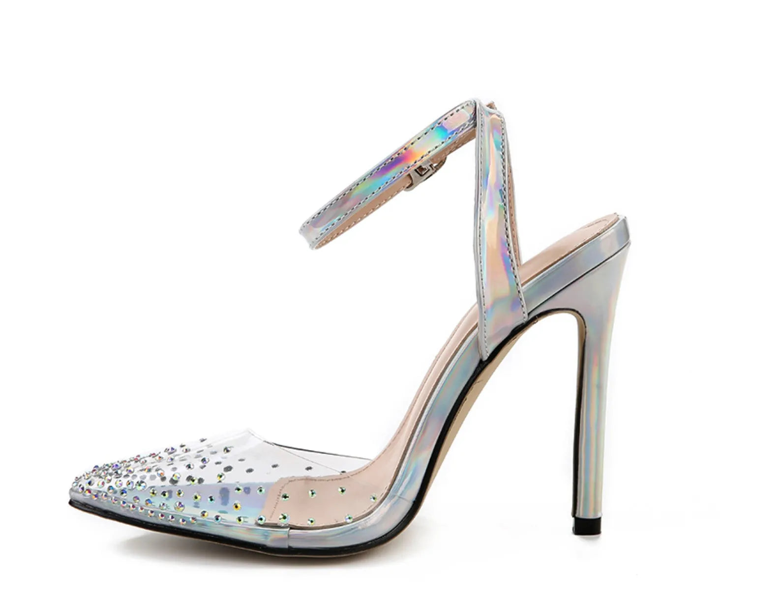 Women's pointed toe diamond sandals with stiletto heels and adjustable ankle strap