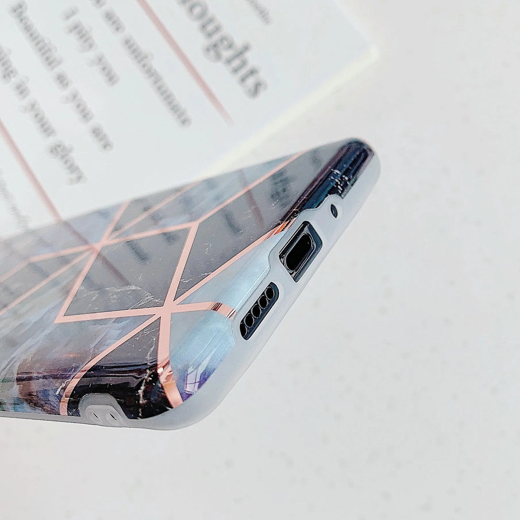 Electroplated marble pattern mobile phone case showing multiple colour options for Huawei and Samsung smartphones