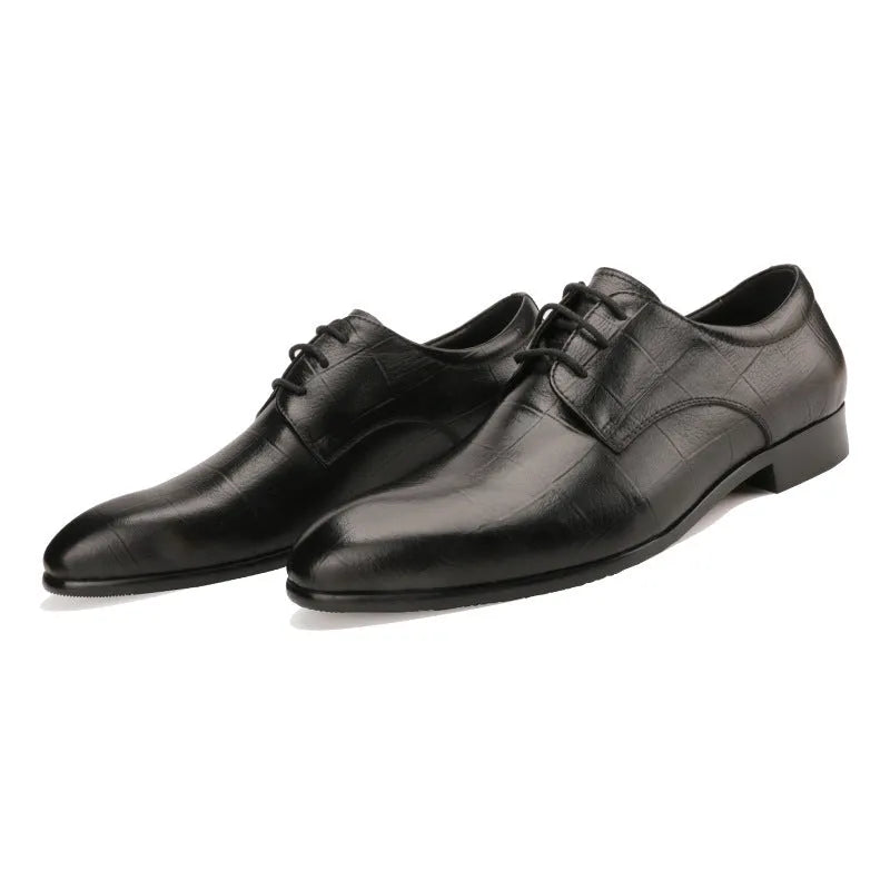 Men's black leather derby shoes with checkered pattern and pointed toe on antiskid rubber sole