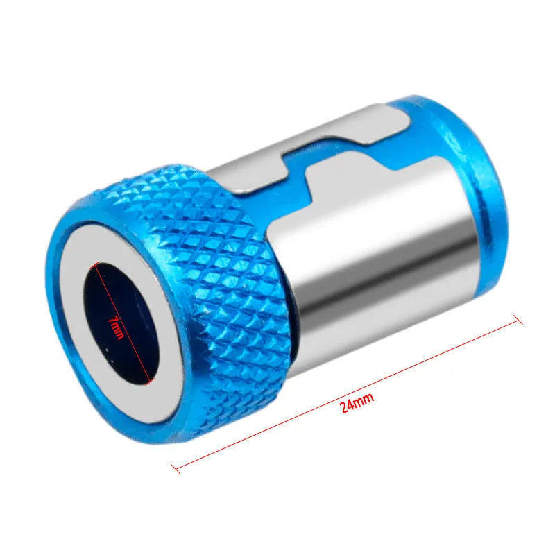 Light blue screwdriver bit with magnetic ring in high carbon steel, showing patterned and smooth ring designs