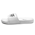 Men's black open-toe slippers with rubber soles showing personalised detail