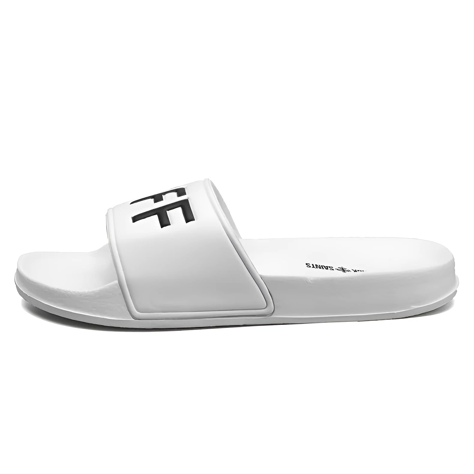 Men's black open-toe slippers with rubber soles showing personalised detail