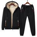 Winter fleece-lined thick lambskin coat set with cotton fabric in black, long sleeve top and trousers