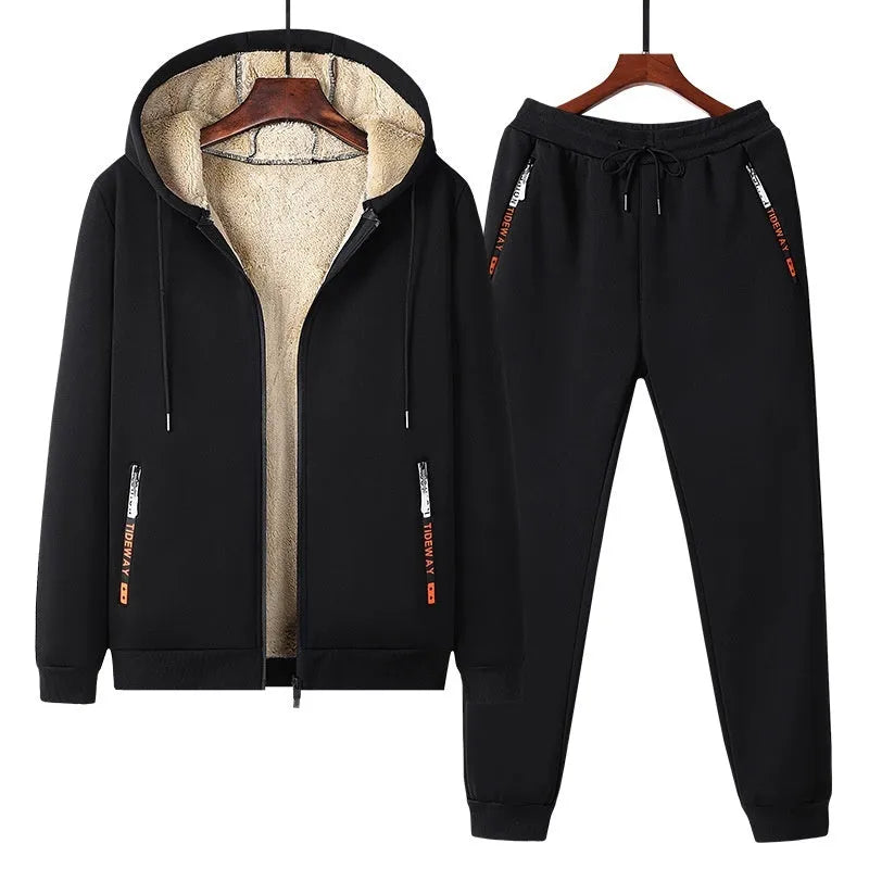 Winter fleece-lined thick lambskin coat set with cotton fabric in black, long sleeve top and trousers