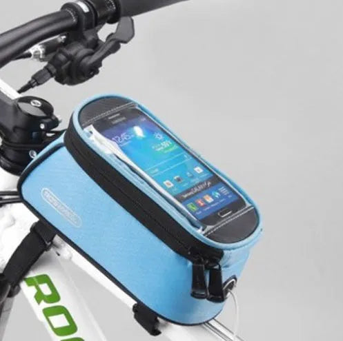 ROSWHEEL black PVC bicycle frame bag mounted on a bike, holding a mobile phone.