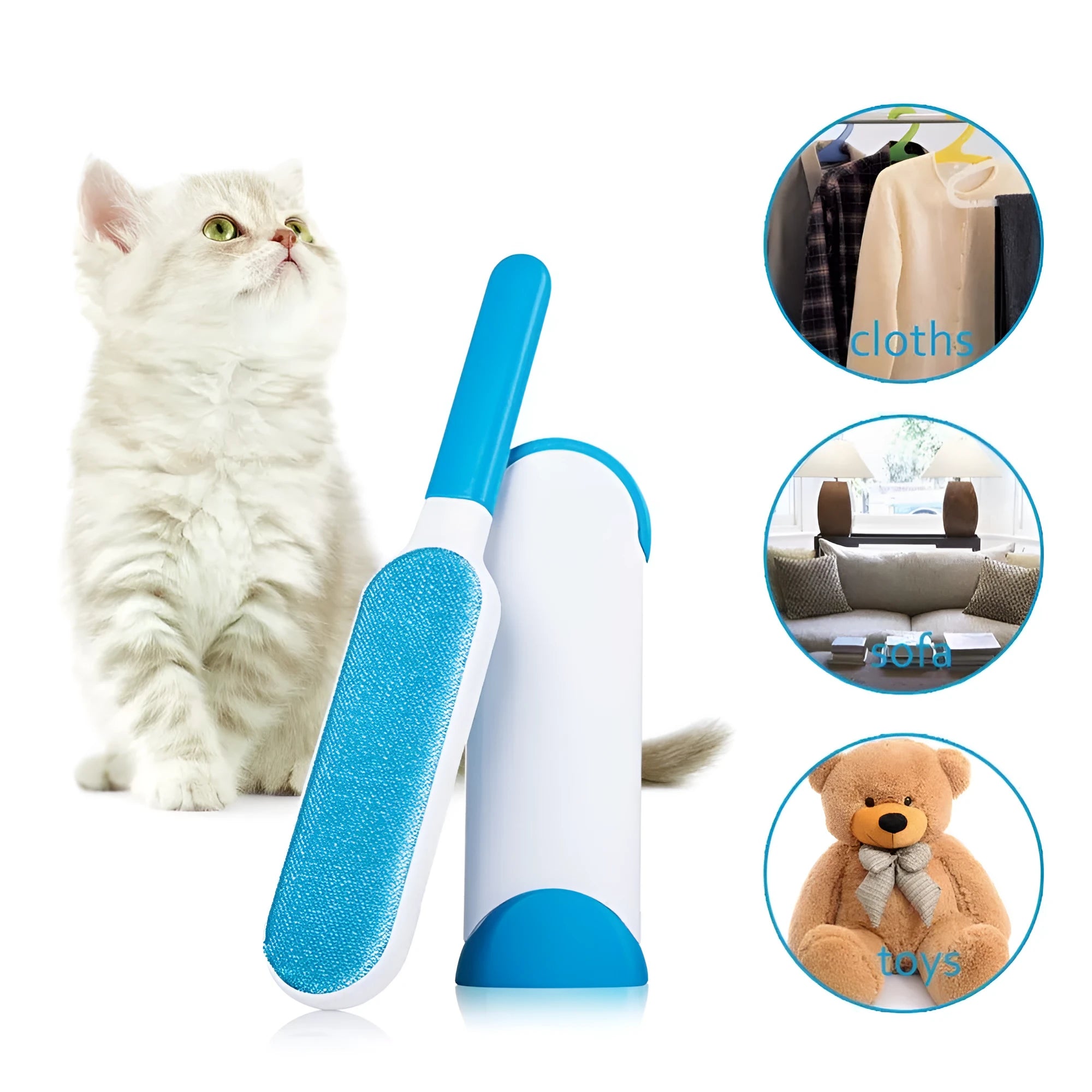 Blue reusable pet hair removal comb with a double-sided sticky brush and self-cleaning base.