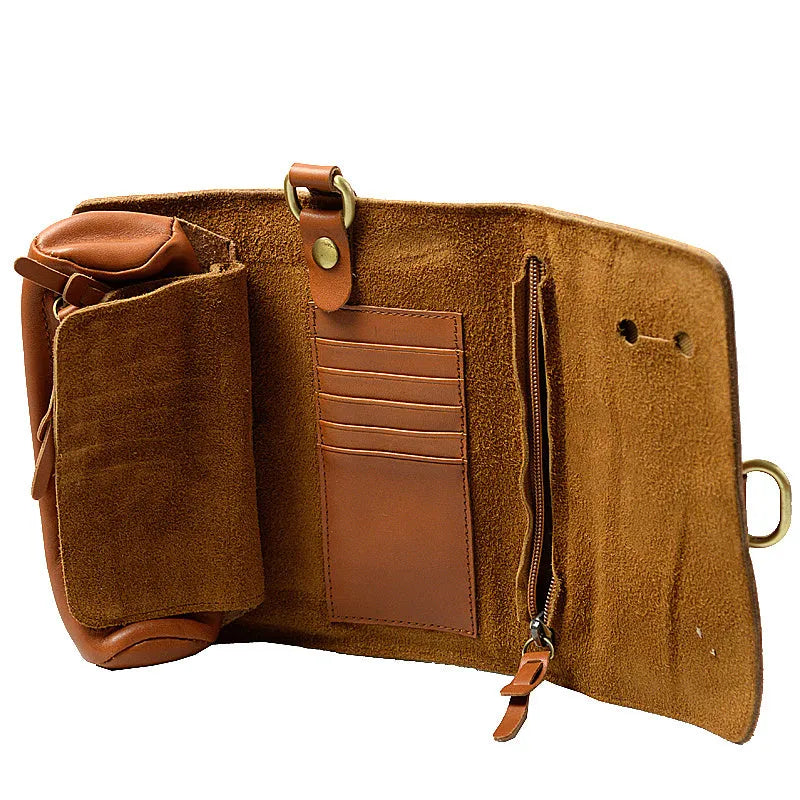 Handmade leather vintage wallet in black or dark brown with tape extraction closure showing 20cm length