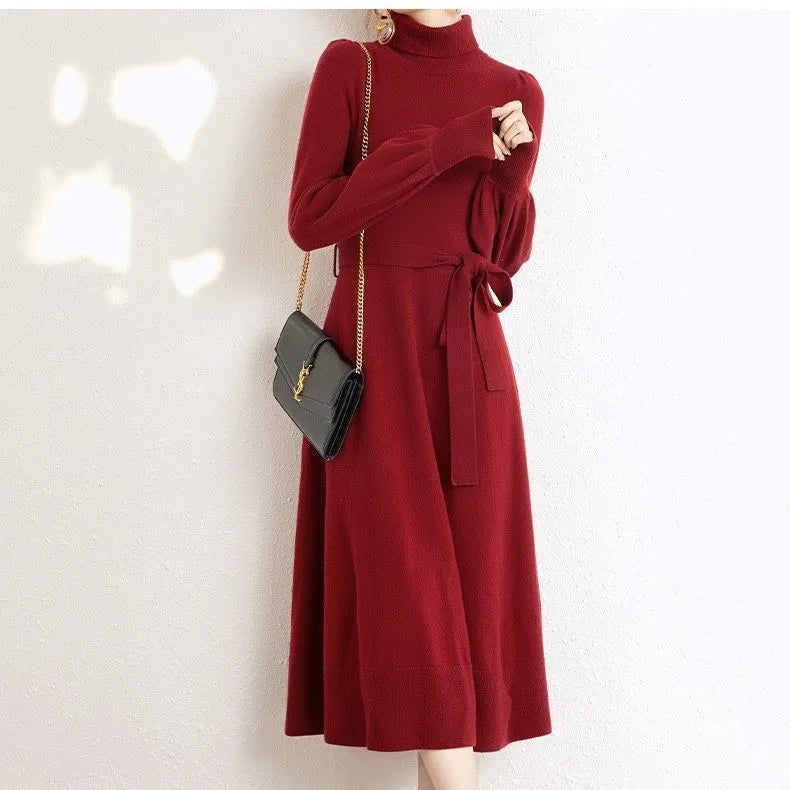 Knitted turtleneck dress with mid-length sweater skirt design and elastic waistband