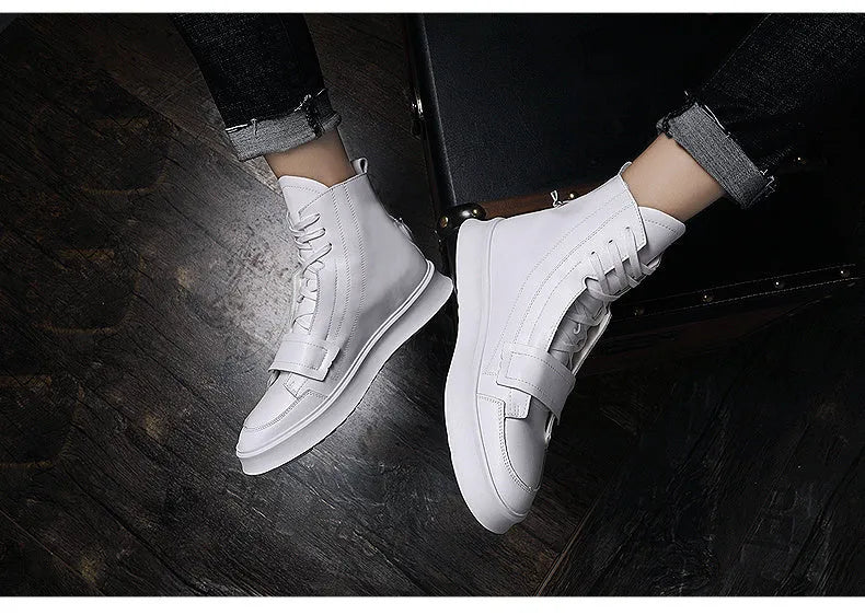 Black and white PU leather men's winter ankle boots with high-top sneakers style