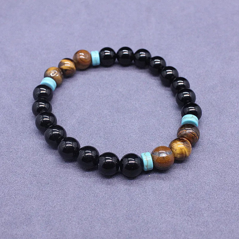 Black agate tiger eye stone bracelet and necklace set with geometric bead design