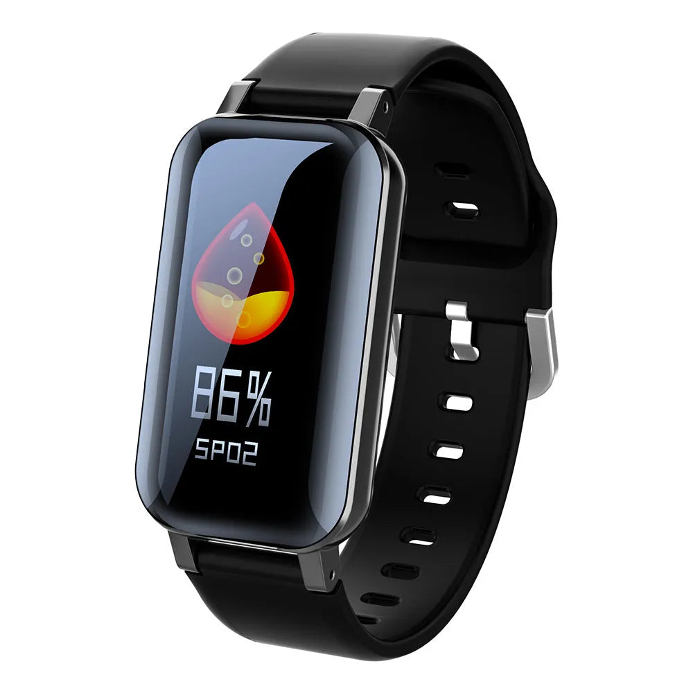 Call Bracelet smart wearable in black, blue, or coffee colour on a wrist, showing heart rate monitoring.