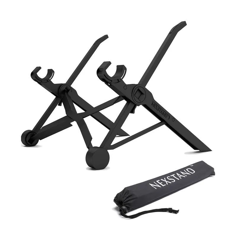 Sagacious black portable folding computer bracket showing enhanced nylon construction and adjustable height mechanism
