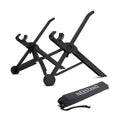 Sagacious black portable folding computer bracket showing enhanced nylon construction and adjustable height mechanism