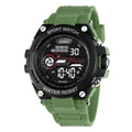 Digital electronic wristwatch with a colourful silicone strap on a wrist, showing the LED display.