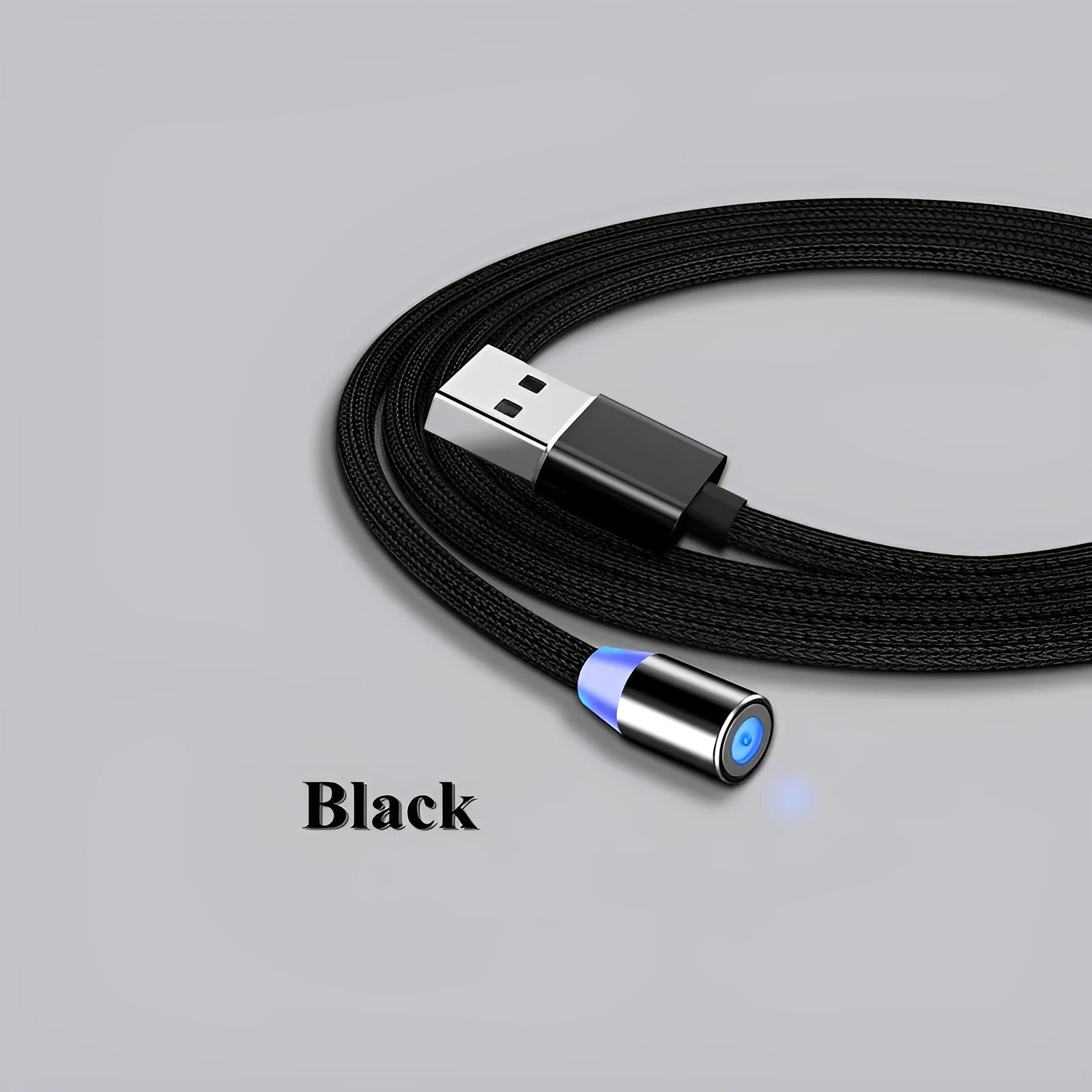 Magnetic USB charging cable with LED indicator showing black and red colour options
