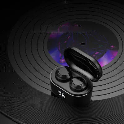 Black stereo Bluetooth wireless headset with earbuds.