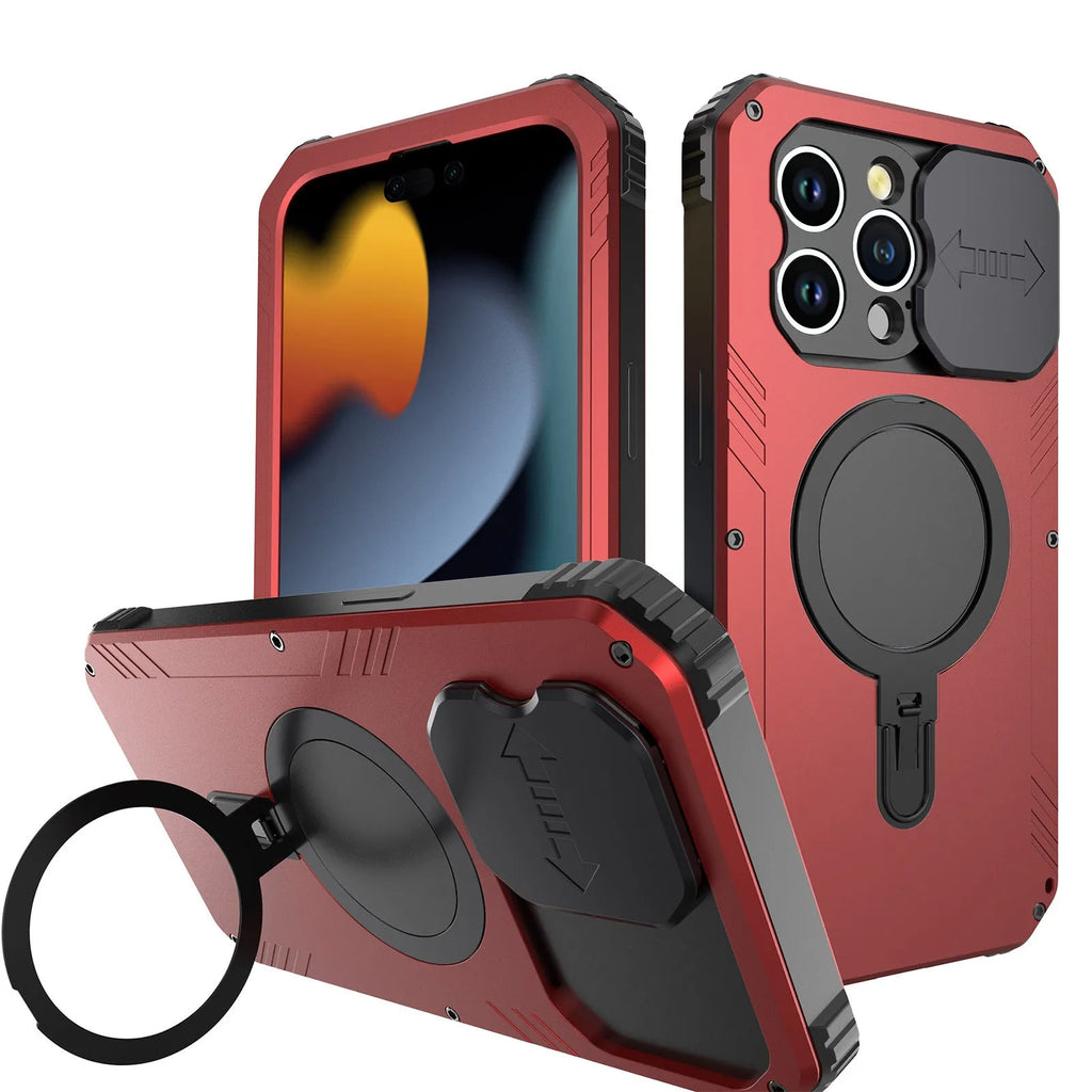 Black metal bracket shockproof phone case for iPhone 15 with aluminium alloy frame and magnetic suction