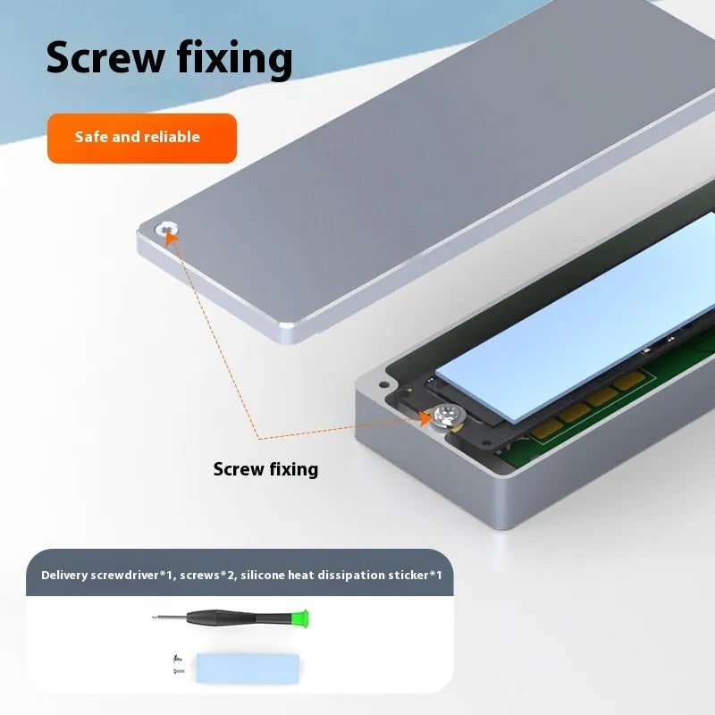 M.2 SATA solid state drive external enclosure with Type-C cable, screwdriver, screws, and silicone pad kit