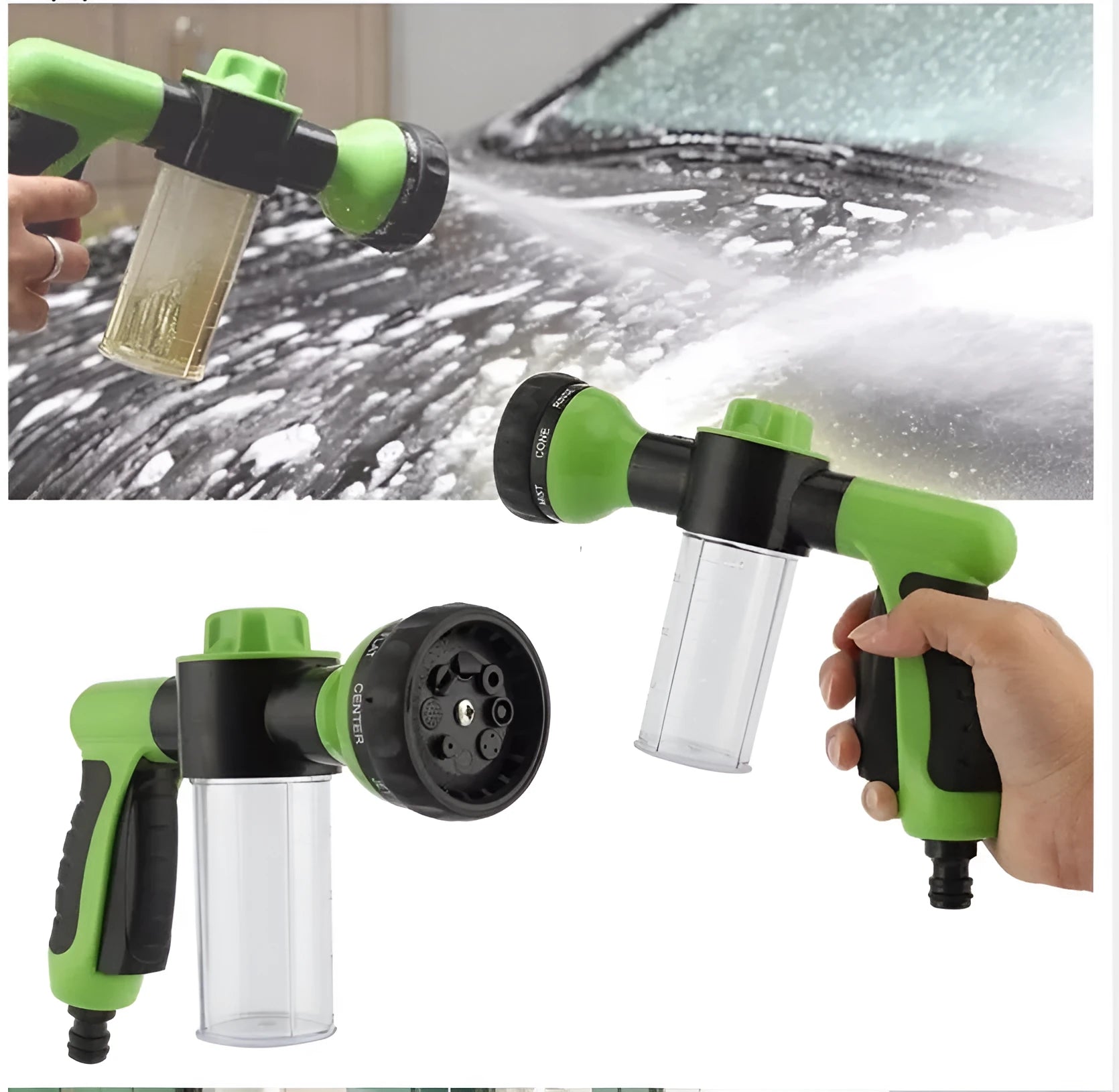 Green high-pressure foam spray water gun with adjustable nozzle for car and garden cleaning.