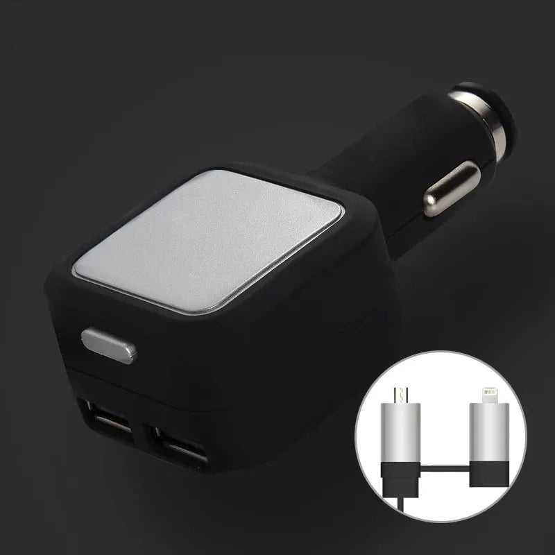 Black and gold dual USB car charger with retractable cable extended from compact body