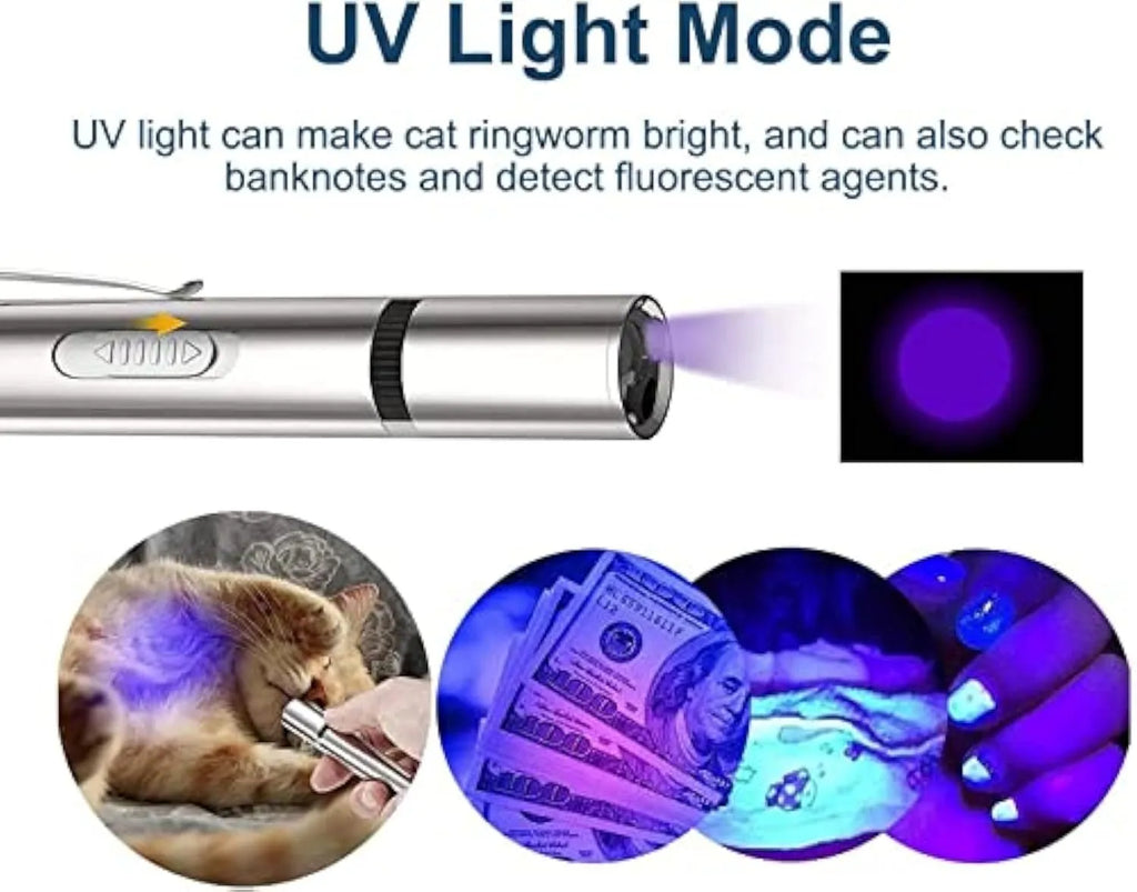Silver aluminium USB rechargeable cat laser pointer toy with multiple light patterns.