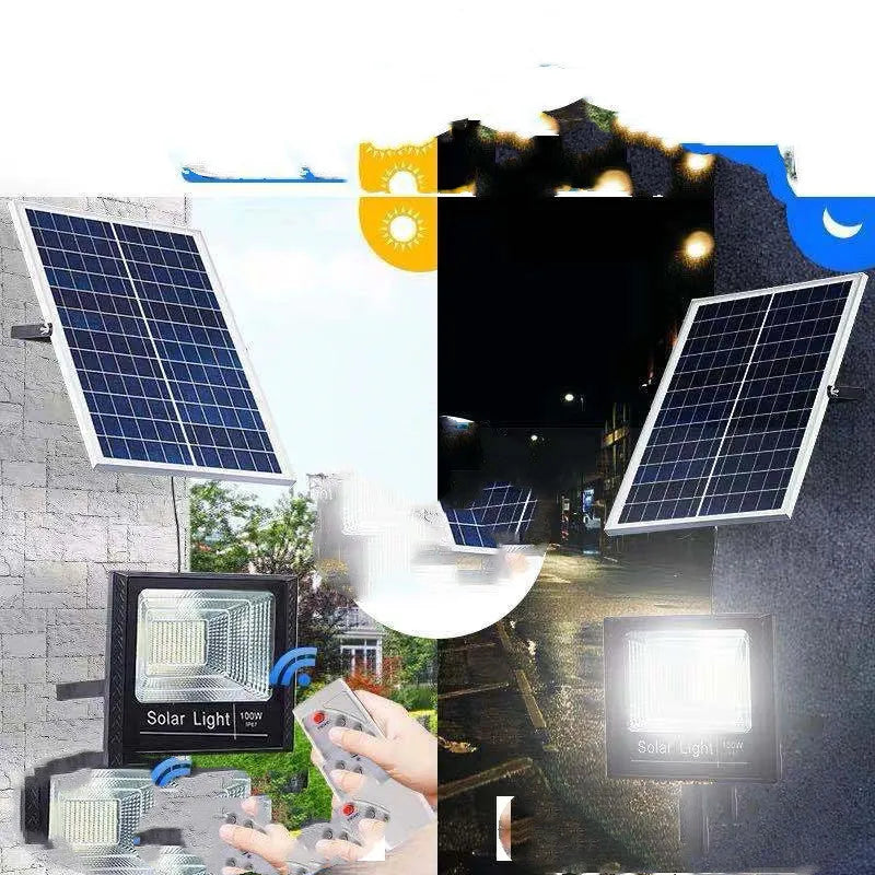 Black solar powered garden flood light with remote control for outdoor security or pathway illumination