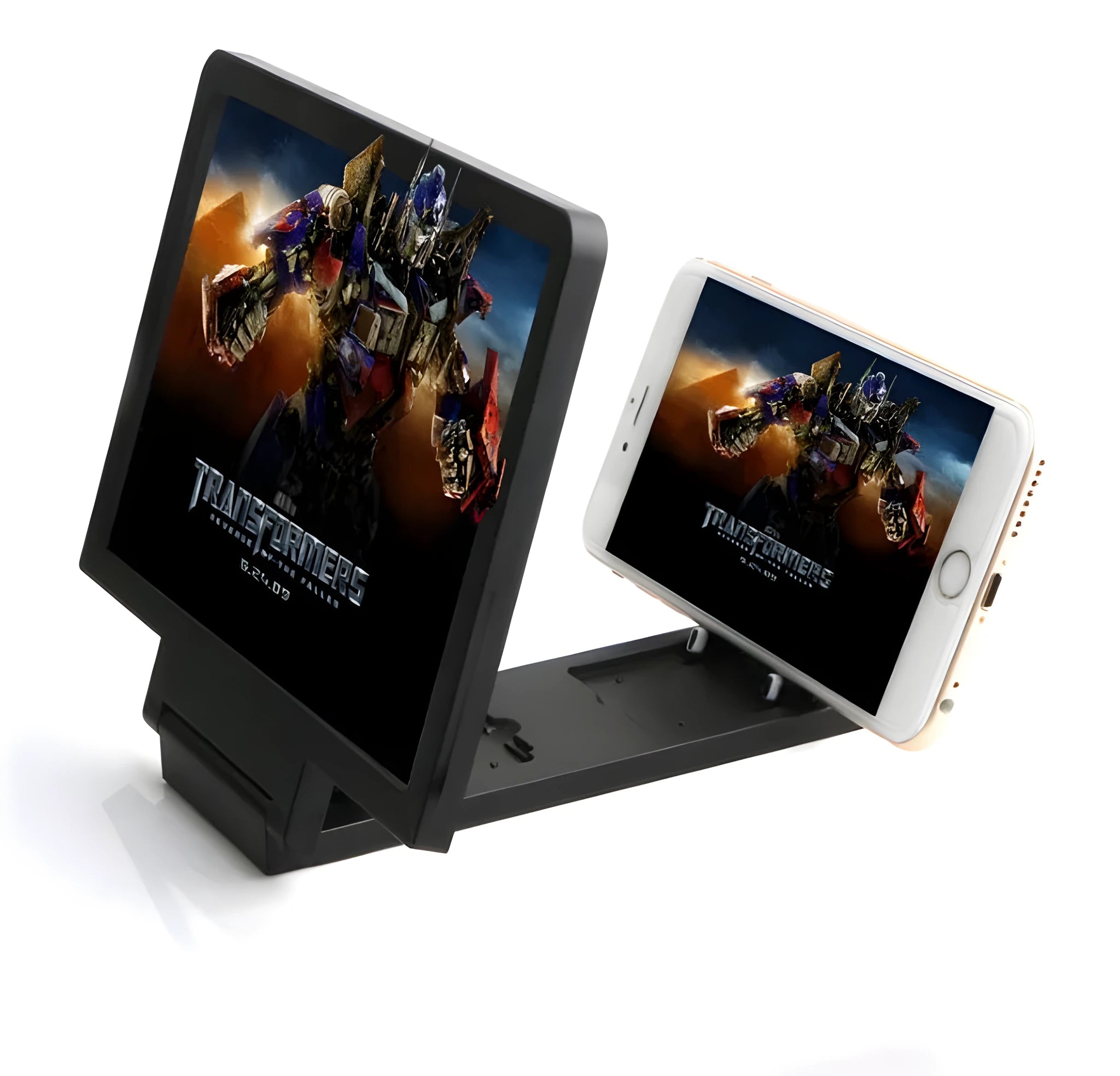 Black and white foldable 3D mobile phone screen amplifier stand on a table