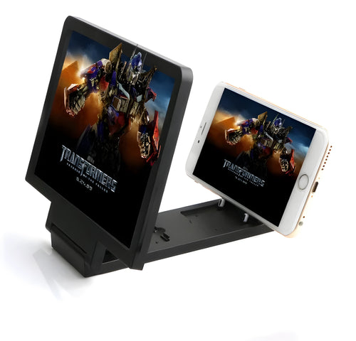 Black and white foldable 3D mobile phone screen amplifier stand on a table