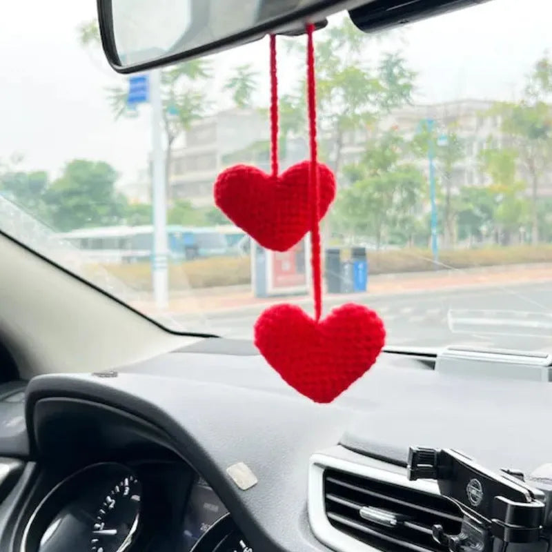 Green and white knitted car plant decoration with hanging rope on 8cm plastic base