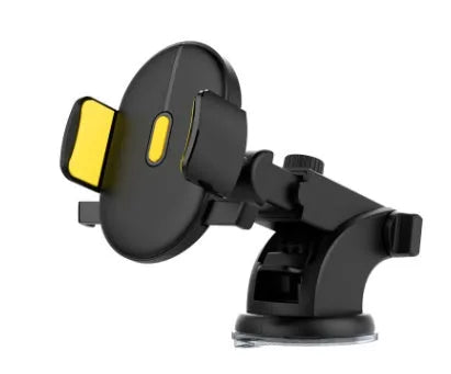 Yellow and black telescopic car phone holder with suction cup mount on textured dashboard