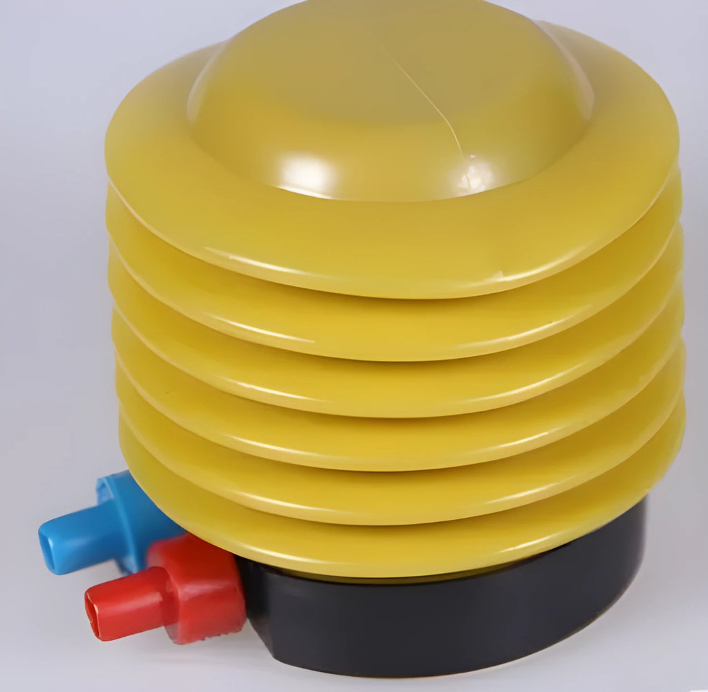Blue and red pedal inflating pump for swim rings with 4 inch diameter plastic construction