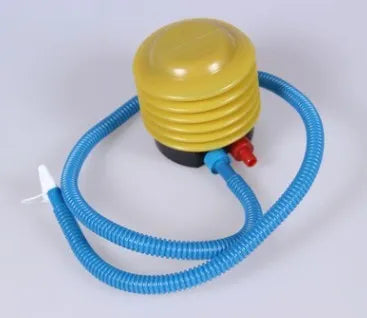 Blue and red pedal inflating pump for swim rings with 4 inch diameter plastic construction