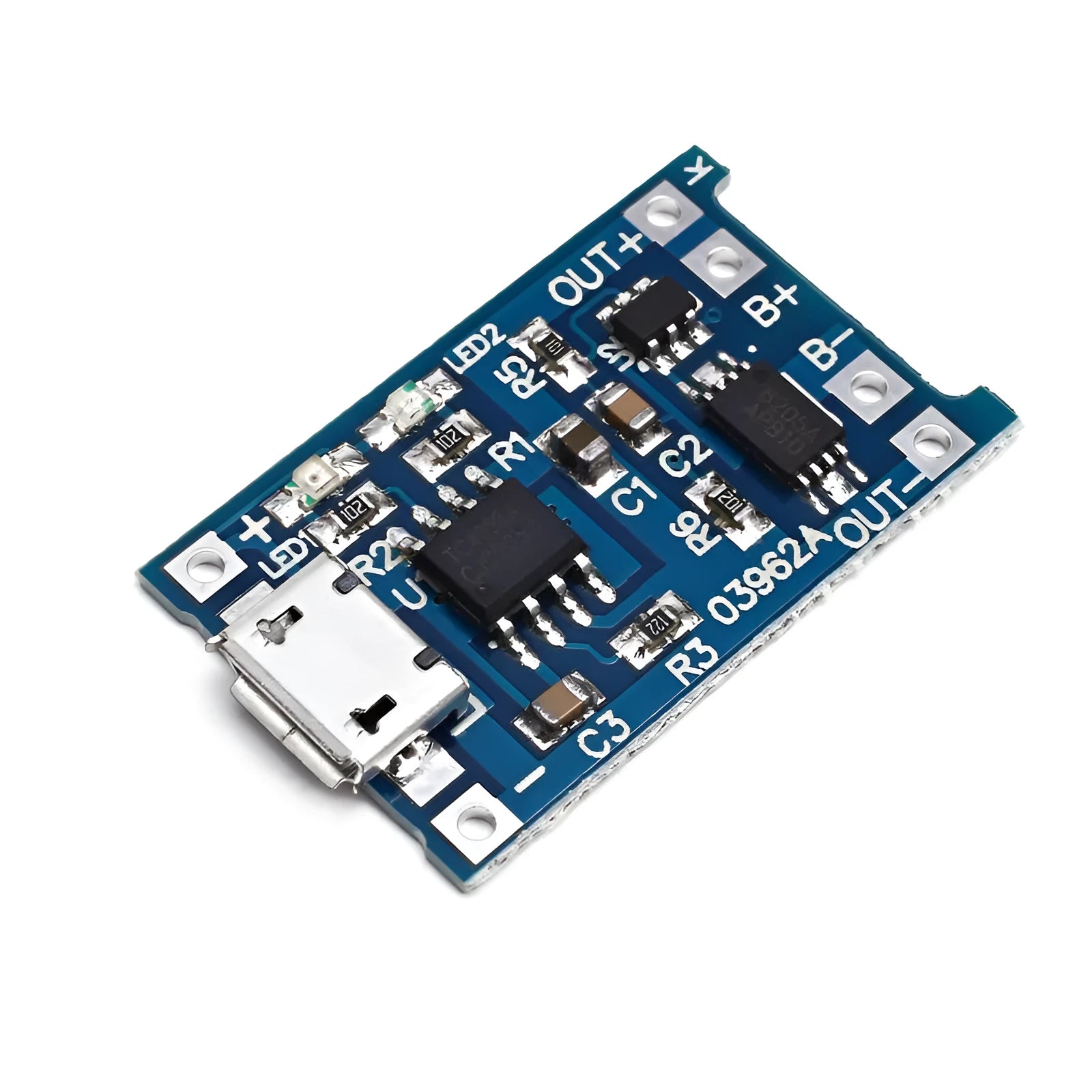 Blue TP4056 lithium battery charging and protection board measuring 26 x 17 mm