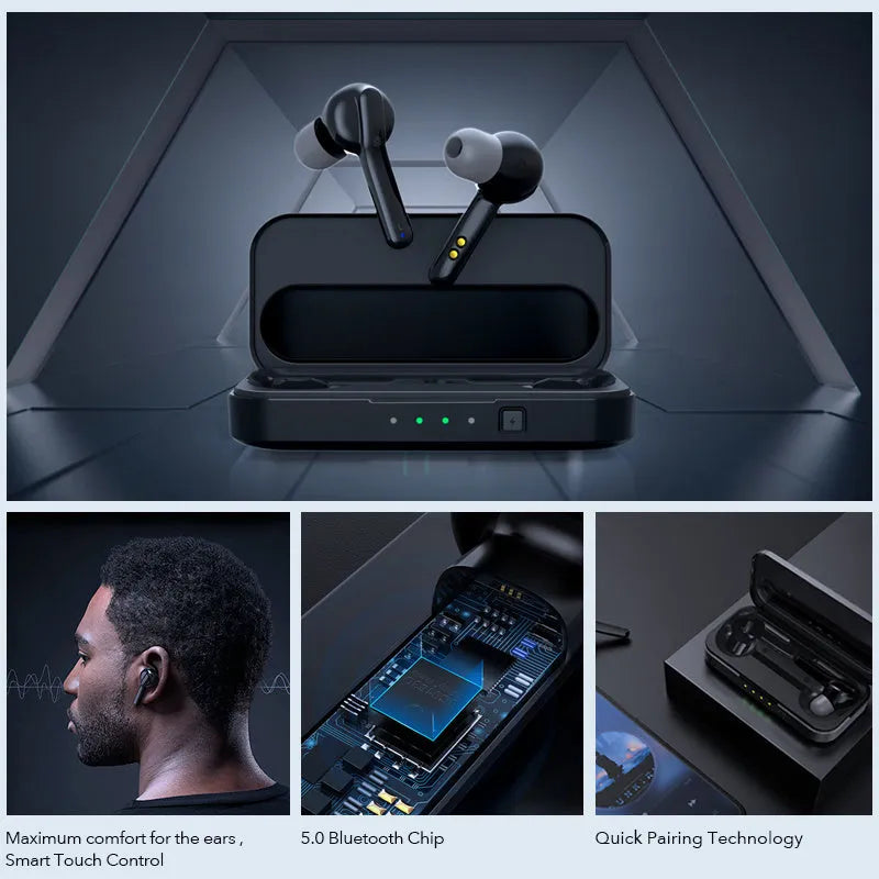 Black and white true wireless Bluetooth earbuds with IPX5 waterproof rating