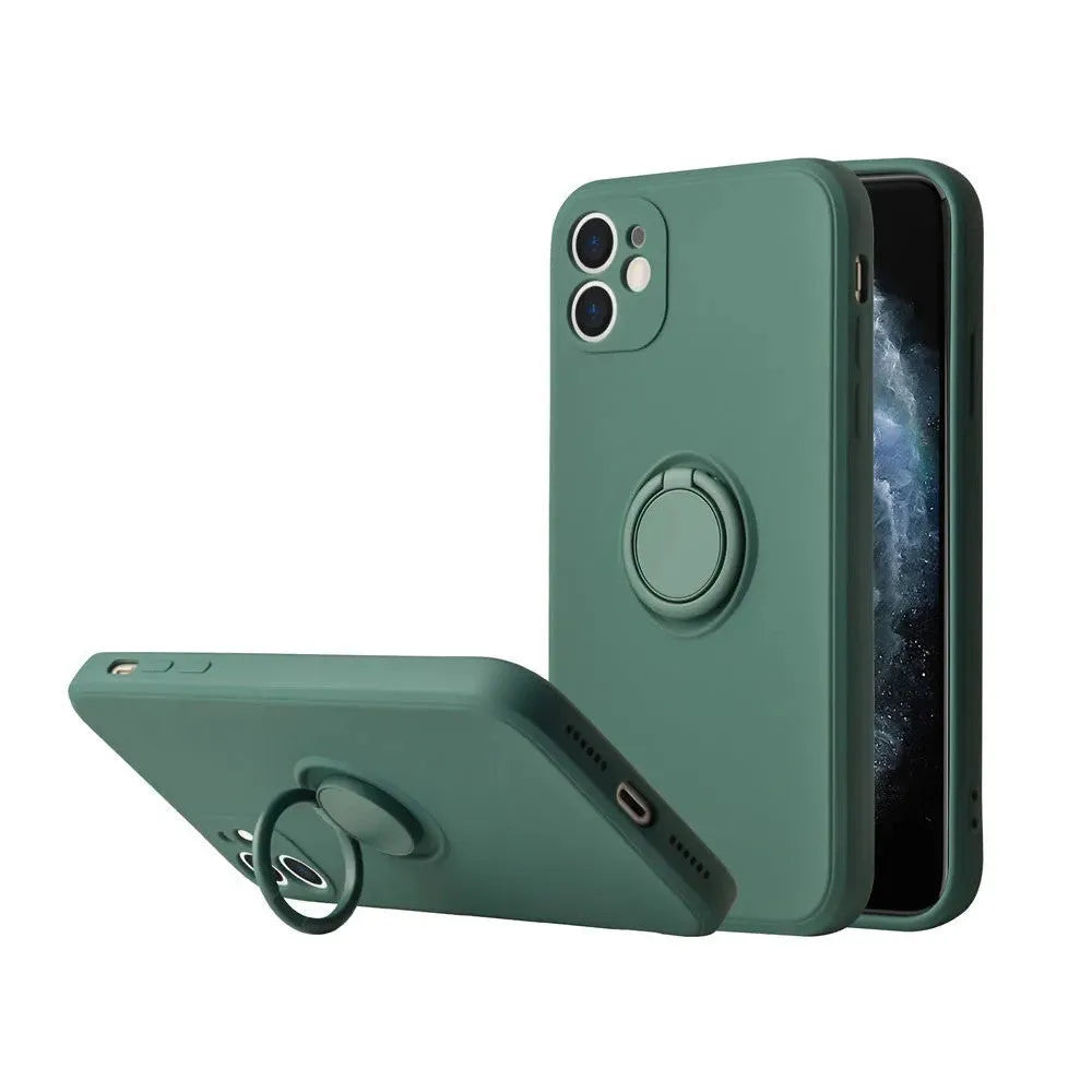 Liquid silicone iPhone 12 case with an integrated ring holder on the back, shown in a choice of colours.