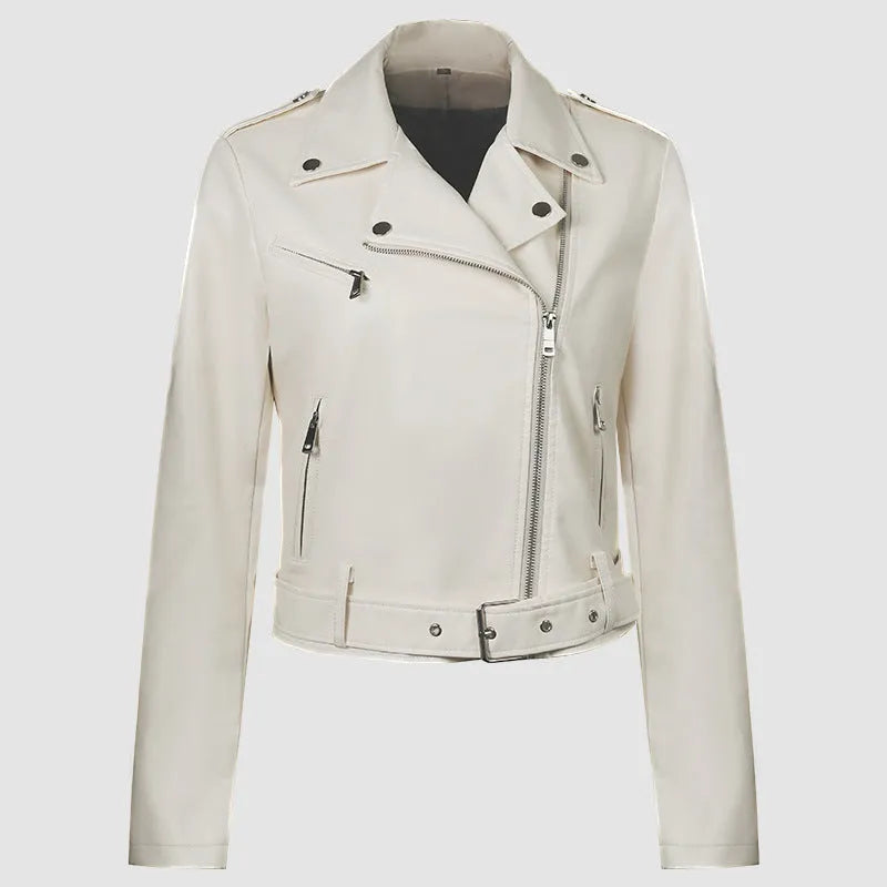 Women's black PU leather motorcycle jacket with lapel collar and decorative belt