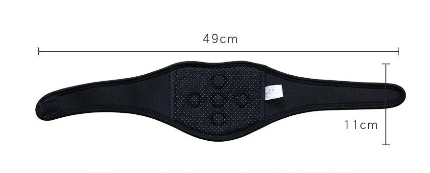 Black adjustable self-heating neck guard with magnetic therapy for pain relief.