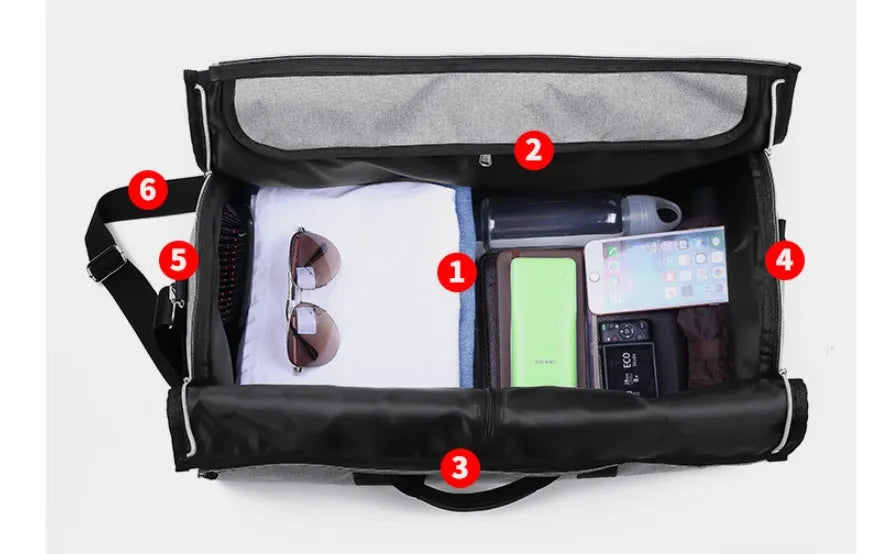 Medium cylinder travel bag in black with Oxford cloth water-resistant material and zipper opening