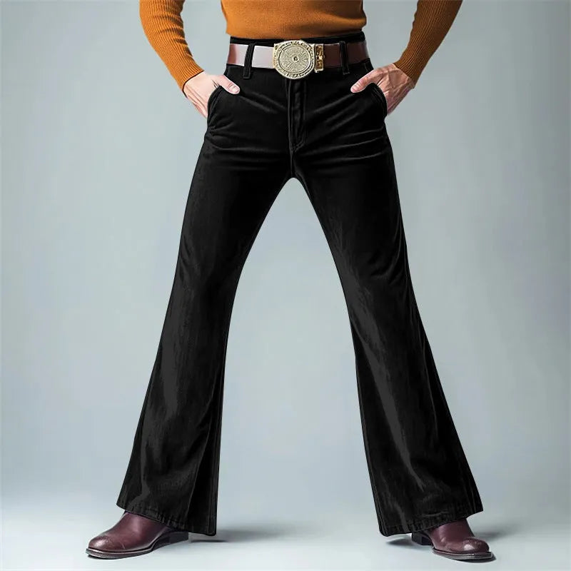 Men's gold velvet slim flared suit trousers in polyester blend fabric