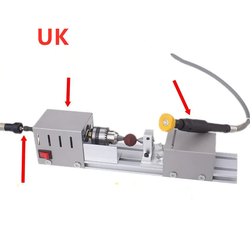 Mini metal woodworking lathe with carving knives and accessories for small craft projects